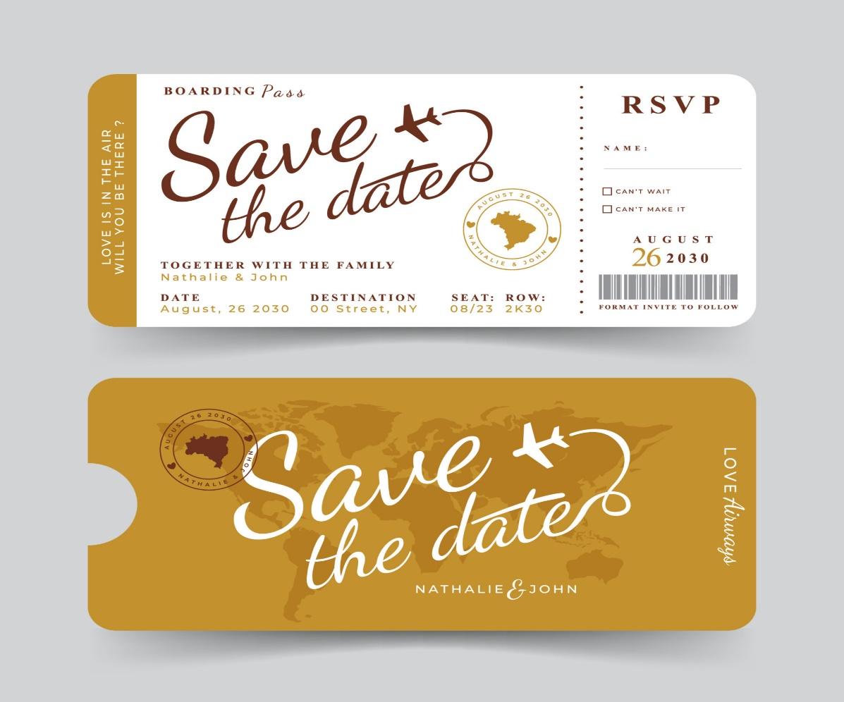 save the date wedding invites in the shape of boarding passes | Wedifys