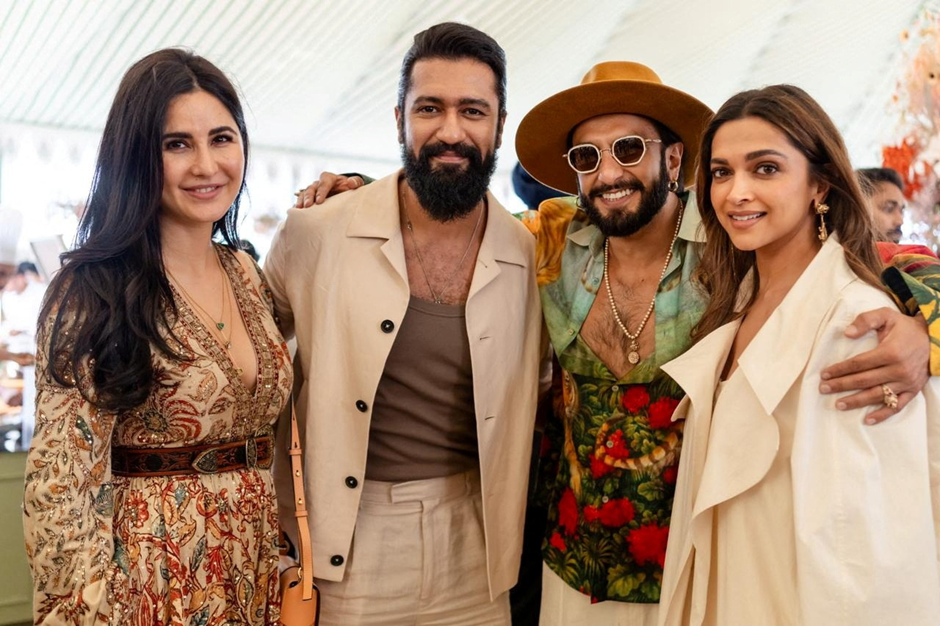 Bollywood actress Katrina Kaif, her husband and actor Vicky Kaushal, actor Ranveer Singh and his wife and actress Deepika Padukone pose during pre-wedding celebrations.