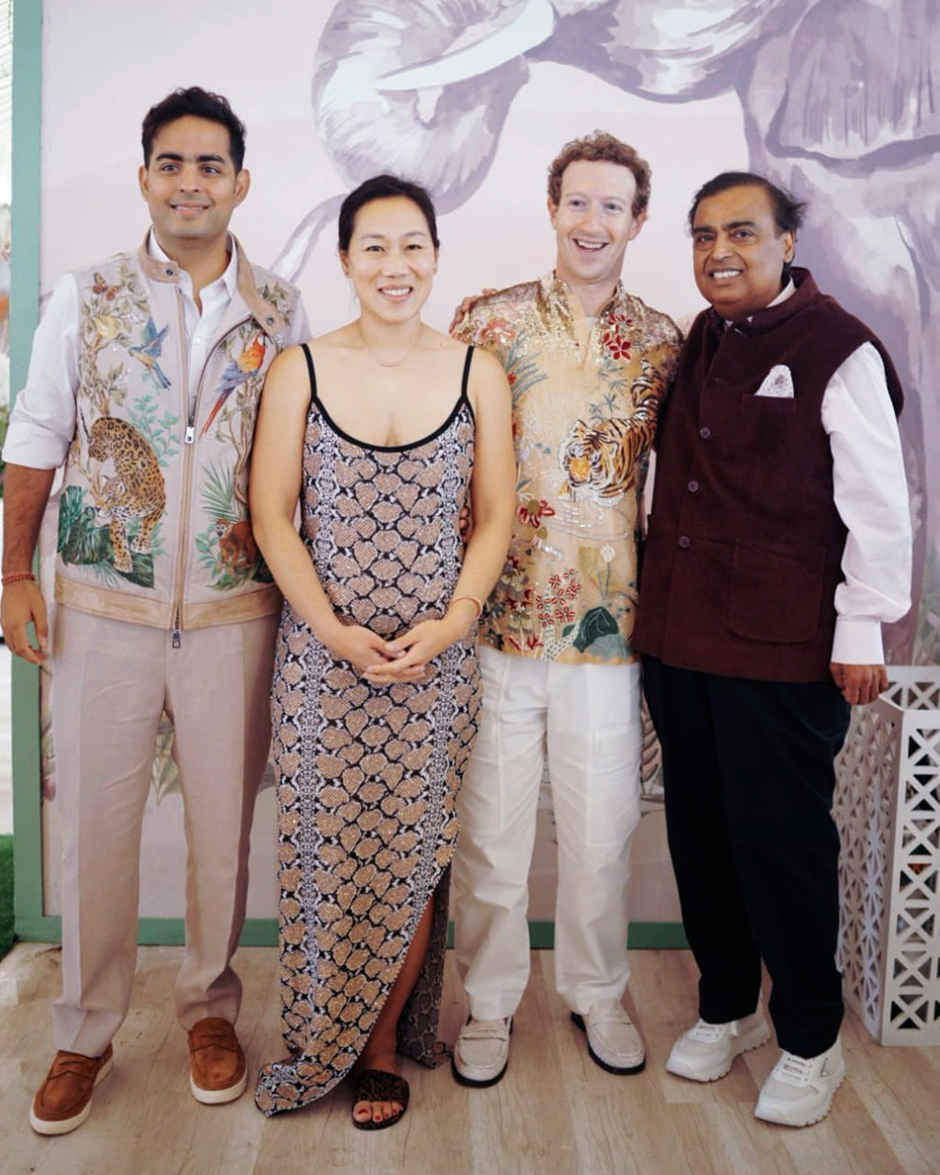 Mukesh Ambani, Mark Zuckerberg, Priscilla Chan, and Akash Ambani at the pre-wedding festivities in Jamnagar on March 2.