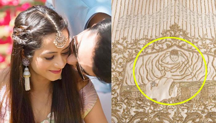 Kresha Bajaj’s love story embroidered on her bridal lehnga | Wedifys