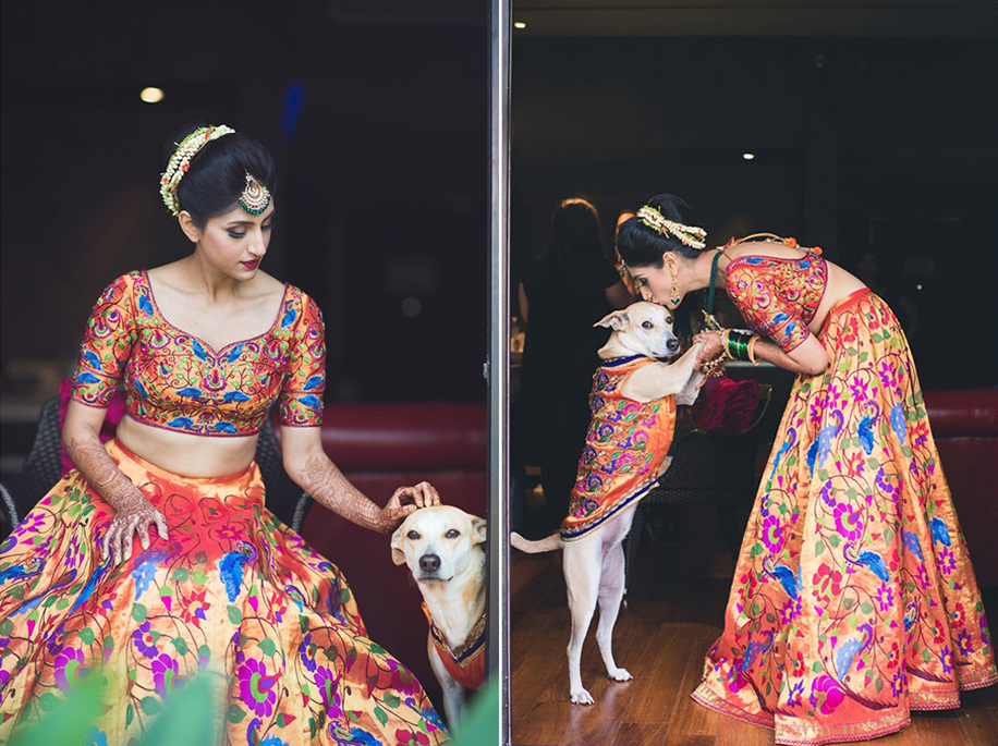 Mitali's Paithani bridal Ensemble with her dog in similar colors | Wedifys