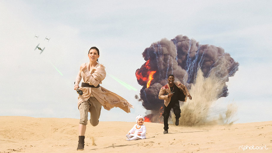 Pre-wedding photoshoot as a Star Wars family; Rey, Finn and their baby | Wedifys