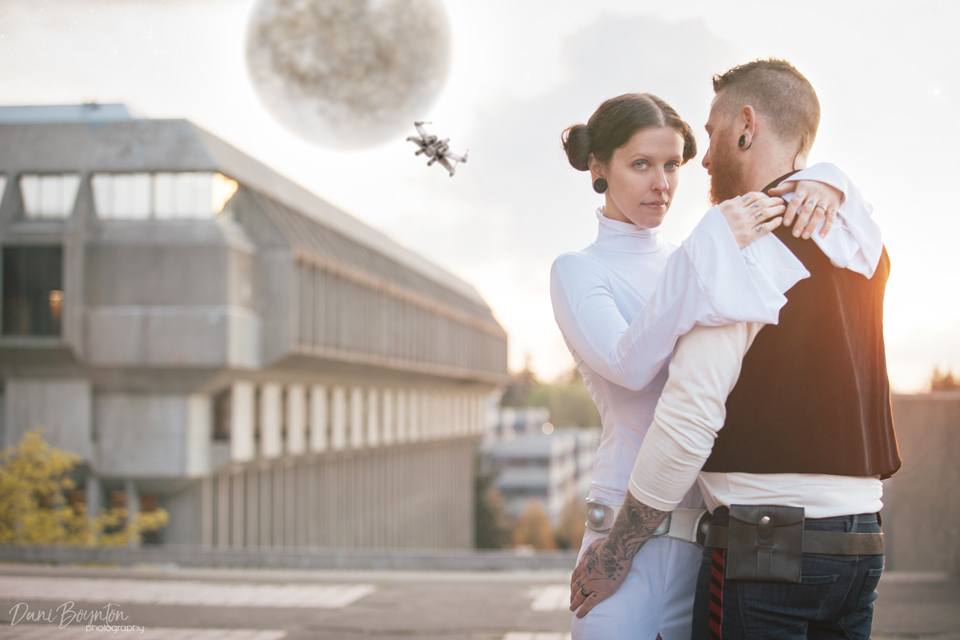 pre wedding Star Wars themed photoshoot; couple dressed as Princess Leia and Han Solo | Wedifys