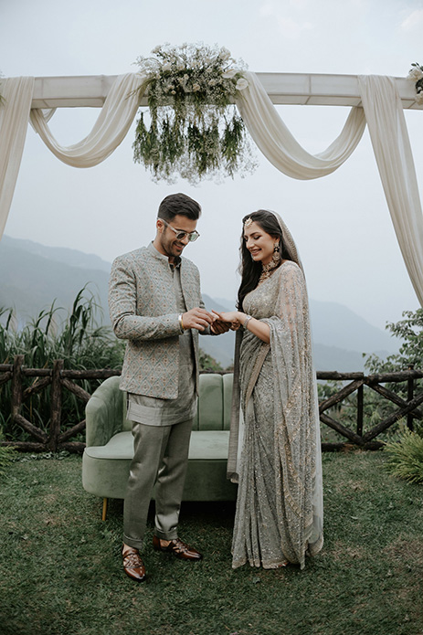 Pari Bishnoi and Bhavya Bishnoi on their engagement in Taj Chia Kutir Resort and Spa | Wedifys