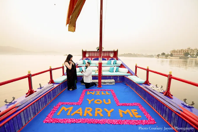 Prabhleen and Anvit in their proposal photoshoot at the Taj Lake Palace in Pichola Lake, Udaipur | Wedifys