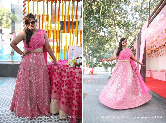 Shristi in her beautiful pink Mehndi dress | Wedifys