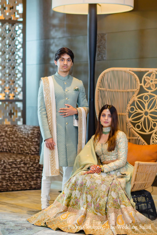 Joe and Madhu in their beautiful clothes for their engagement from Sabyasachi | Wedifys