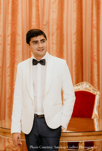 Kashyap’s beautiful tuxedo for the yacht party at Marina Bay in Dubai | Wedifys