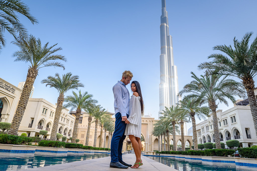 a couple in their pre-wedding shoot at the Burj Khalifa | Wedifys