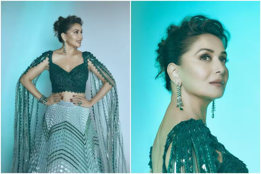 Madhuri-Dixit-Stuns-in-Emerald-Green-Lehenga-by-Amit-Aggarwal-A-Fusion-of-Tradition-and-Modernity